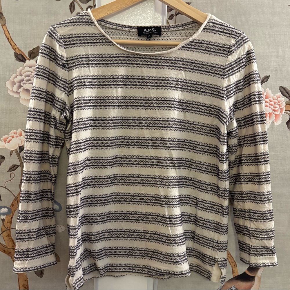 A.P.C. Embroidered stripe black and white 3/4 sleeve tee, medium
